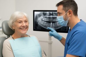 Photo of a smiling, senior woman in the dental chair, with a dentist in blue surgical scrubs beside her. The dentist is pointing to an implant on a digital x-ray. No text on the image.
