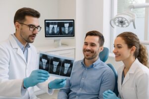 A modern dental office with two dentists, one male and one female, consulting over digital x-rays of dental implants with a smiling patient. The office is clean and bright, showcasing advanced dental technology in the background. No text on the image.