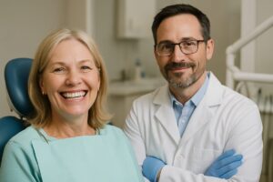 Photo of a woman happily smiling after receiving dental implants. She is in her early 50s, and the dentist is beside her, looking proud of his work. No text on the image.