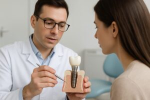 Image of a dentist explaining the parts of an endosteal implant to a patient using a model, highlighting the implant screw, abutment, and crown. No text on image.