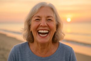 A smiling senior woman is laughing, showing off her perfect, white, full set of dental implants. The background is a blurred beach setting at sunset in Sunset Harbor, FL. No text on the image.