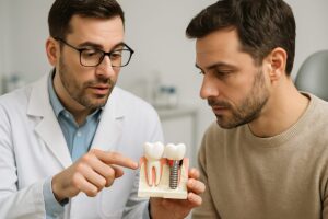 A dentist is explaining the implant procedure step by step to a patient, using a model of a jaw with a dental implant in place. The patient is looking at the model intently. No text on the image.
