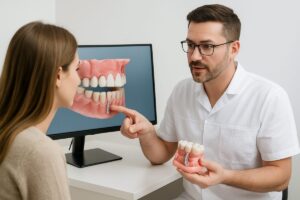 Image of a dentist consulting with a patient about dental implants. The dentist is pointing to a 3D model of the patient's mouth, highlighting the area where the implant would be placed. No text on the image.