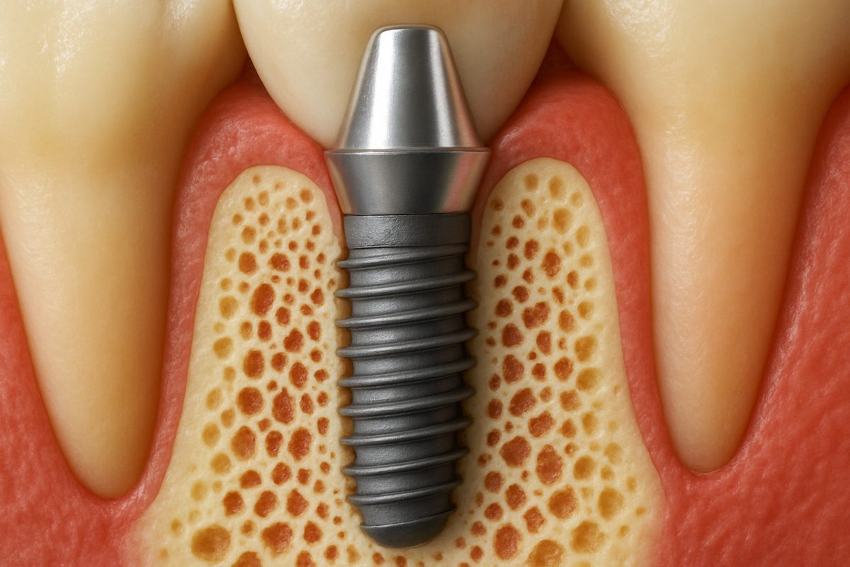 Close-up animated image of a dental implant integrating into the jaw bone with surrounding tissue. No text on the image.