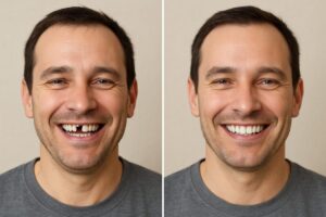 A person smiling, revealing a gap from a missing tooth, contrasted with a radiant smile showcasing a dental implant restoration. No text on the image.