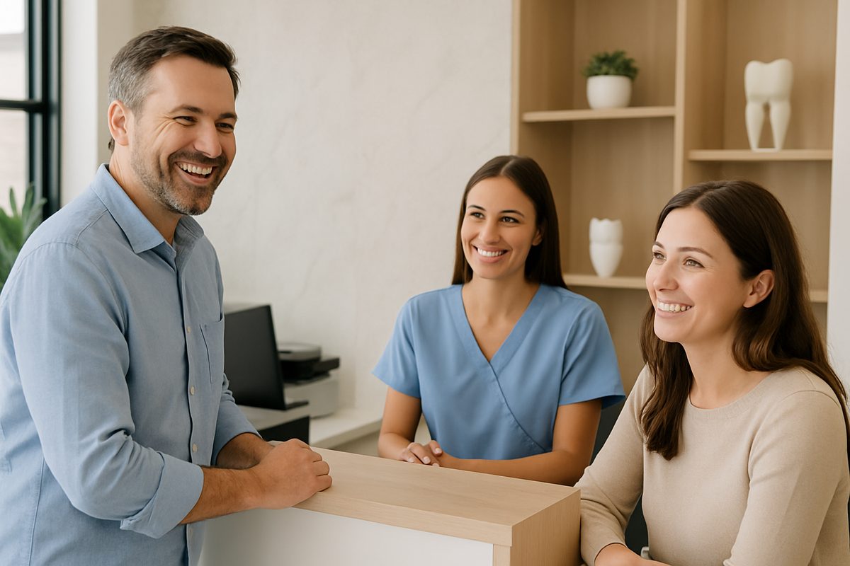 Photo of a modern and inviting dental implant clinic reception area with smiling patients and friendly staff. No text on image.