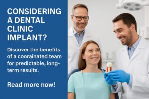 A dentist and surgeon collaborating over digital scans for a dental clinic implant, showcasing coordinated planning for optimal placement. No text on image.