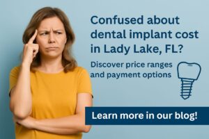 Photo of a mature woman happily talking to her dentist about the cost of dental implants. She is holding a pamphlet in her hands titled "Understanding Dental Implant Costs".