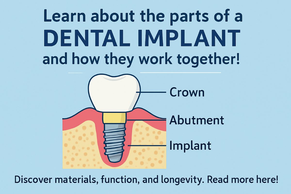 A diagram clearly labeling the parts of a dental implant: the implant fixture (root), abutment (connector), and prosthesis (crown). No text on image.