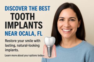 A modern dental office consultation room, with a dentist showing a patient a 3D model of a tooth implant on a computer screen, demonstrating options for the "best tooth implant near me". No text on the image.