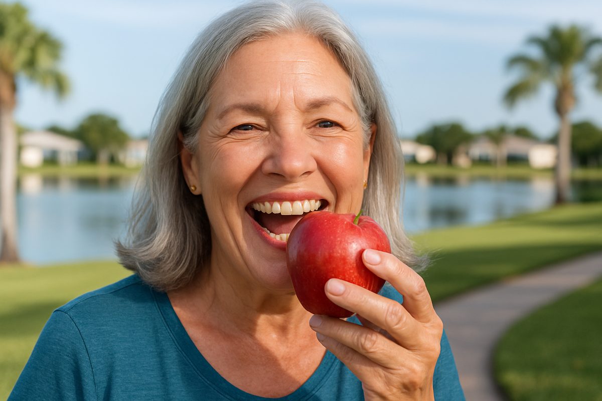 A smiling, mature woman in Lady Lake, FL is confidently eating an apple, showcasing the strong bite and natural look achieved with dental implants. No text on image.