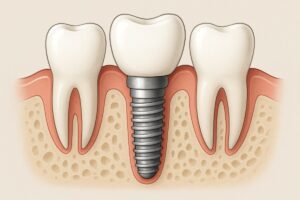 An image that visually answers "Define implant?" with a cutaway of the gums, jawbone, and a dental implant. The implant consists of the fixture (root), abutment, and crown. No text.