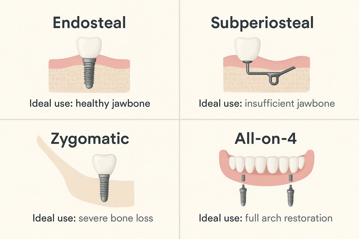 A comparison chart illustrating different dental implant types: endosteal, subperiosteal, zygomatic, and All-on-4, each with a brief description and ideal use case. No text on image.