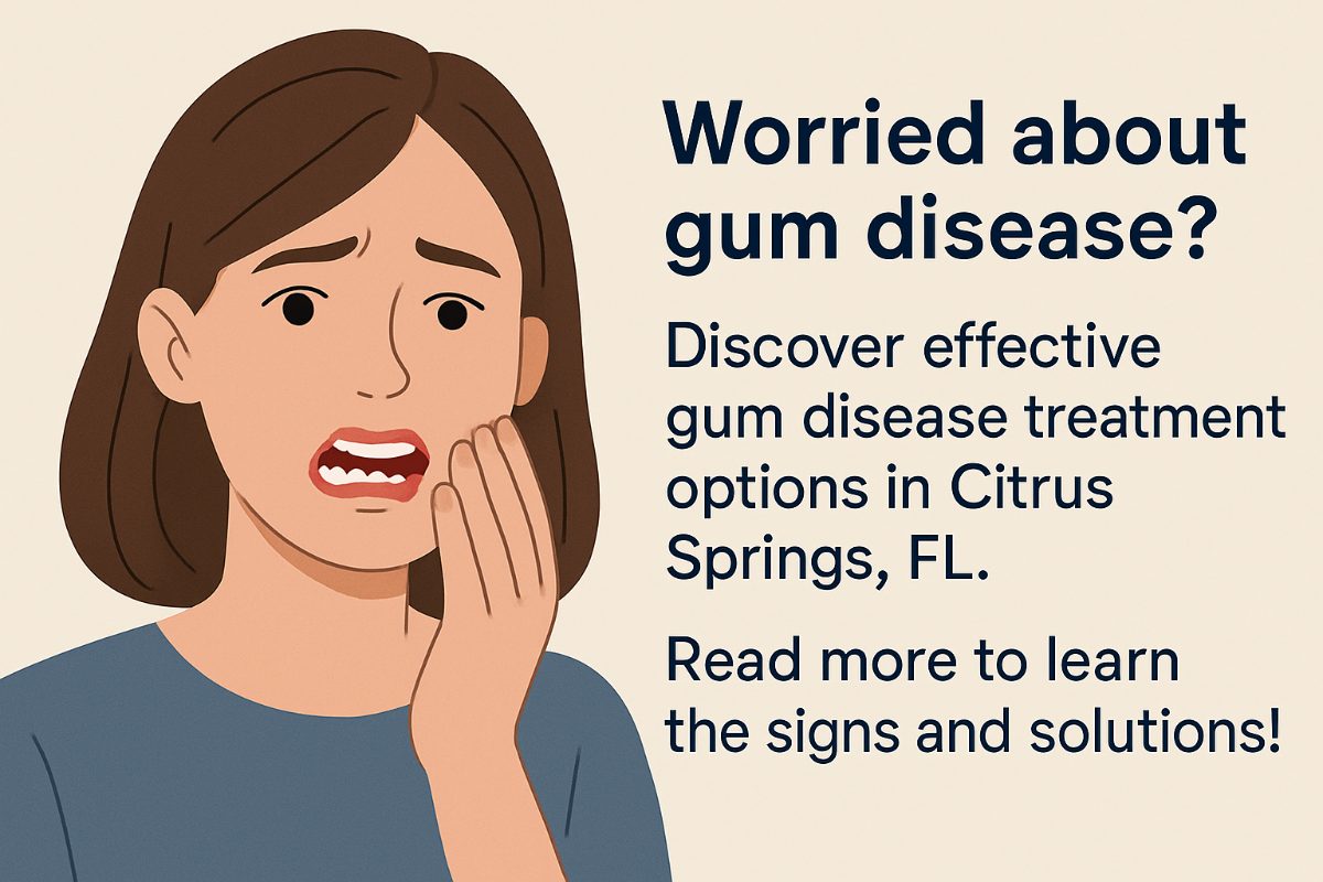A dentist in Citrus Springs, FL, is examining a patient's gums, using a probe to measure the pocket depths, with X-rays displayed in the background. No text on the image.