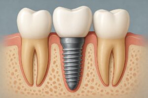 Close up angled shot of a dentist inserting a dental implant into a patient's lower jaw where a molar is missing. The image should be clean and professional, highlighting the precision of the procedure. No text on image.