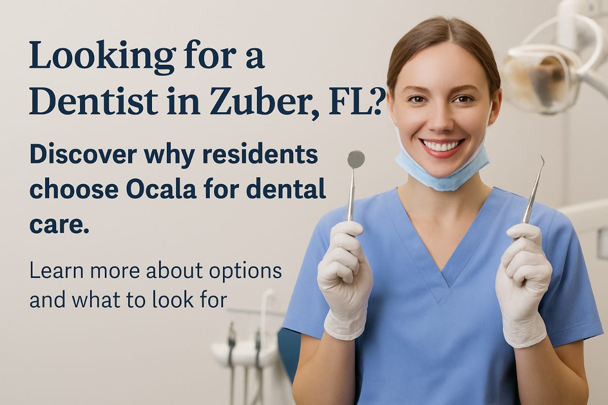 Photo of a smiling woman in the dentist's chair, with the dentist holding an implant model and pointing to it with a dental instrument, with Ocala, Florida in the background. No text on the image.