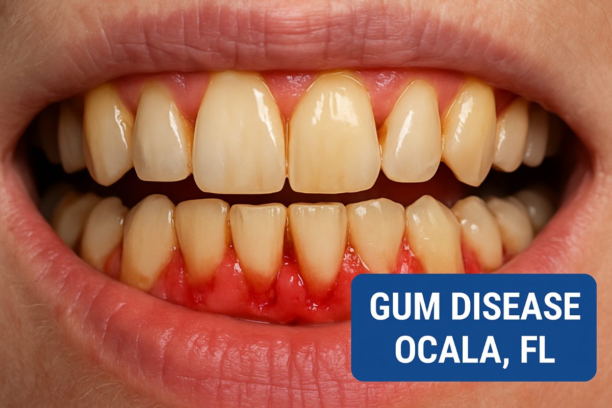 A dentist in Ocala, FL pointing to a digital x-ray displaying a patient's mouth with gum disease. The image highlights inflamed gums and bone loss around the teeth. No text on image.