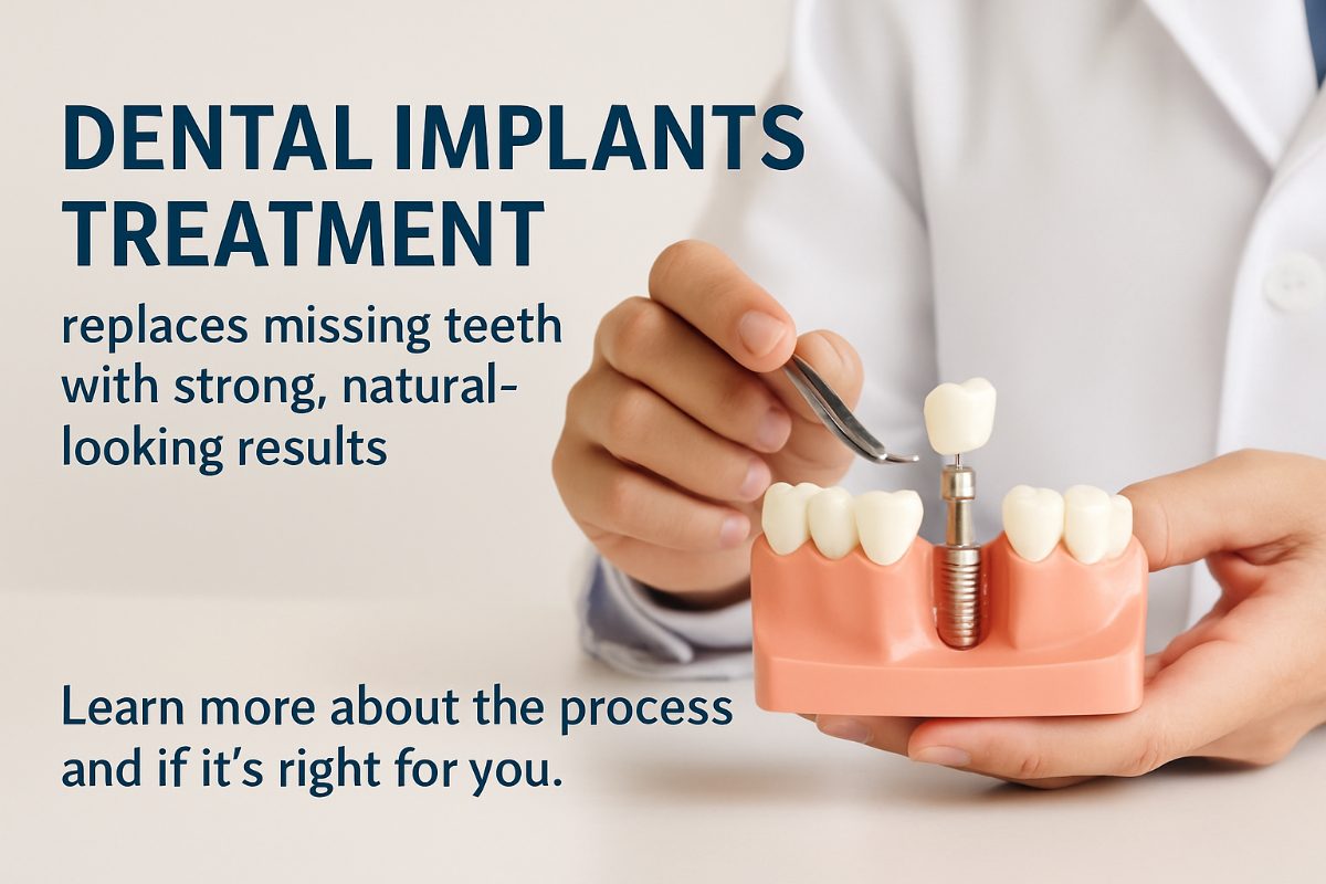 A dentist is explaining the dental implant process to a patient using a digital x-ray on a screen. The dentist points to the implant location on the image. No text on image.