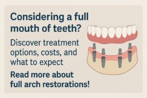 Photo of a smiling senior woman with a perfect "full mouth of teeth" after receiving full arch dental implants, showcasing a natural-looking and confident smile. No text on the image.