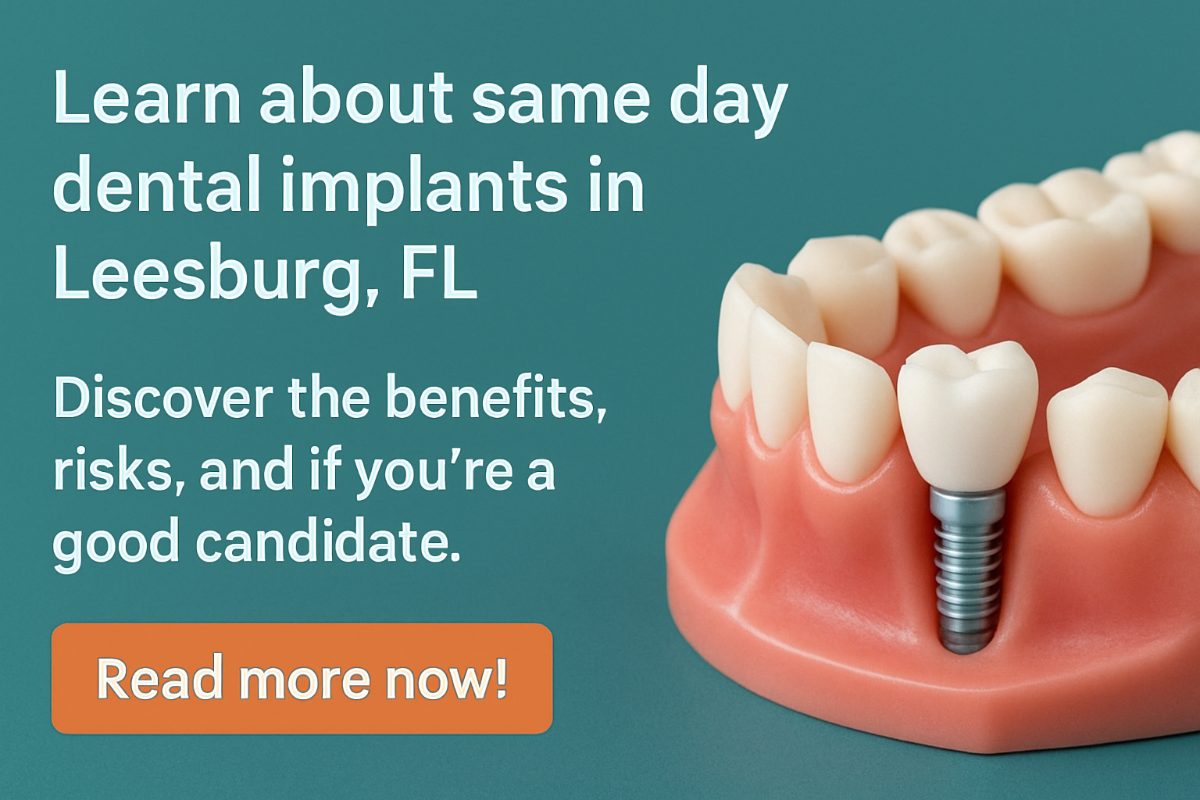 A dentist is placing a same day dental implant into a patient's mouth, showcasing the speed and efficiency of the procedure. The background features modern dental technology, and the image conveys a sense of immediate smile restoration. No text on image.