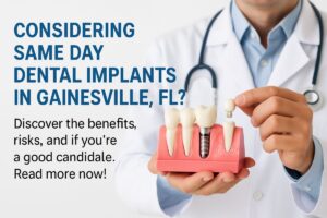 Image of a smiling woman in a dental chair, admiring her new same-day dental implant in a mirror, with a dentist beside her. The background shows modern dental equipment and a friendly dental office environment. No text on image.