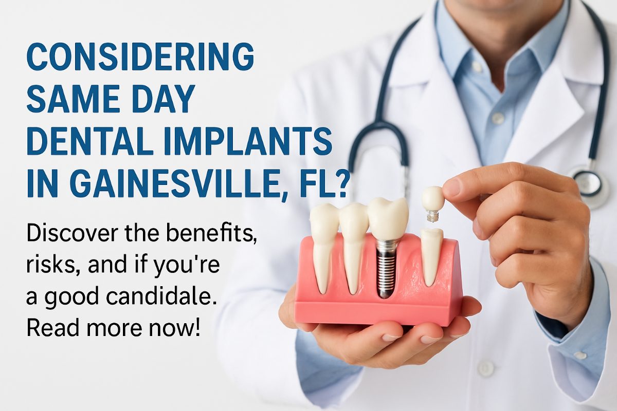 Image of a smiling woman in a dental chair, admiring her new same-day dental implant in a mirror, with a dentist beside her. The background shows modern dental equipment and a friendly dental office environment. No text on image.