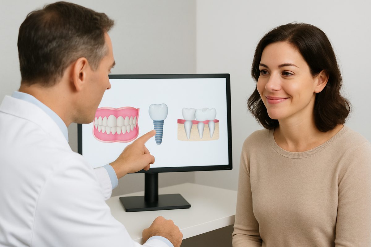A dentist is pointing to a set of false teeth options on a screen, including dentures, implants, and bridges, while consulting with a patient. The patient is smiling slightly, and the dentist is wearing a white coat. No text on the image.