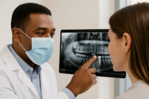 A close-up of a dentist in Ocala, Florida, pointing to a dental implant on an x-ray for a patient, showcasing the implant's integration with the jawbone. No text on the image.