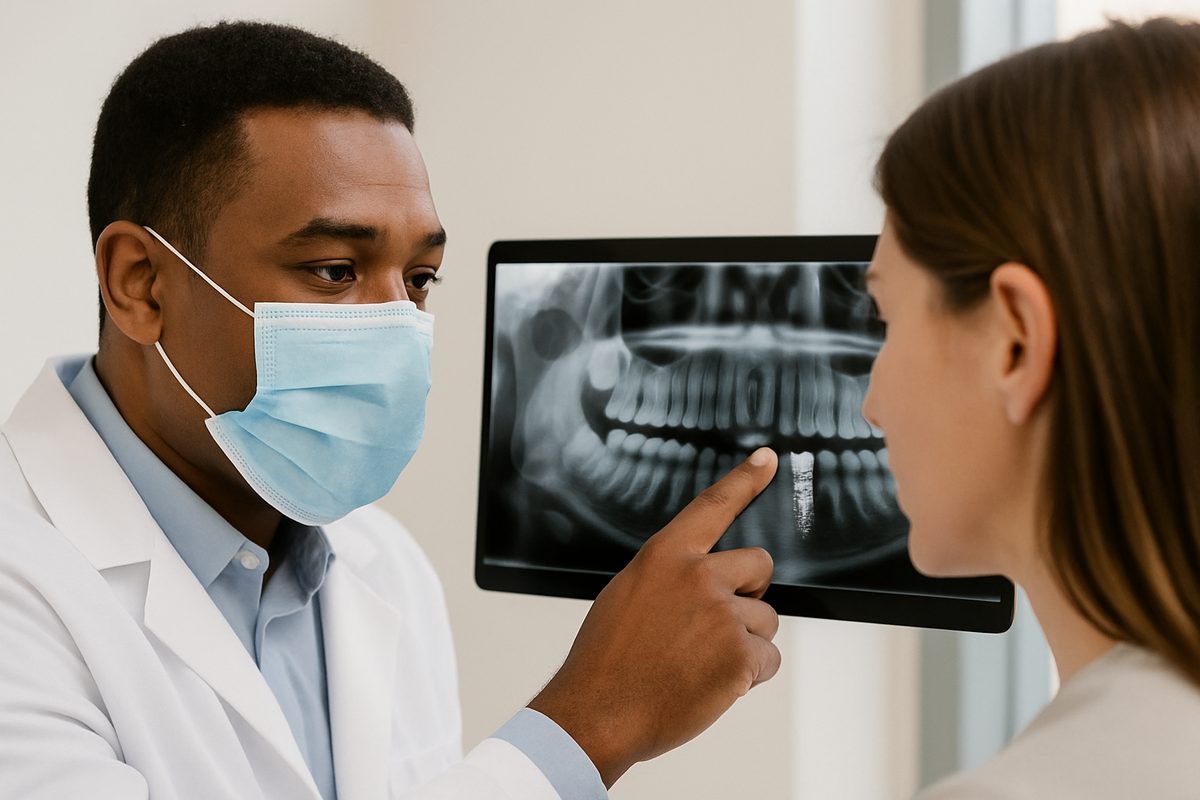 A close-up of a dentist in Ocala, Florida, pointing to a dental implant on an x-ray for a patient, showcasing the implant's integration with the jawbone. No text on the image.