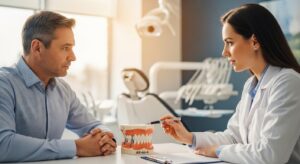 Patient consulting with a dentist about All-on-4 dental implants