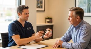 Patient consultation for full arch dental implants in a modern dental office