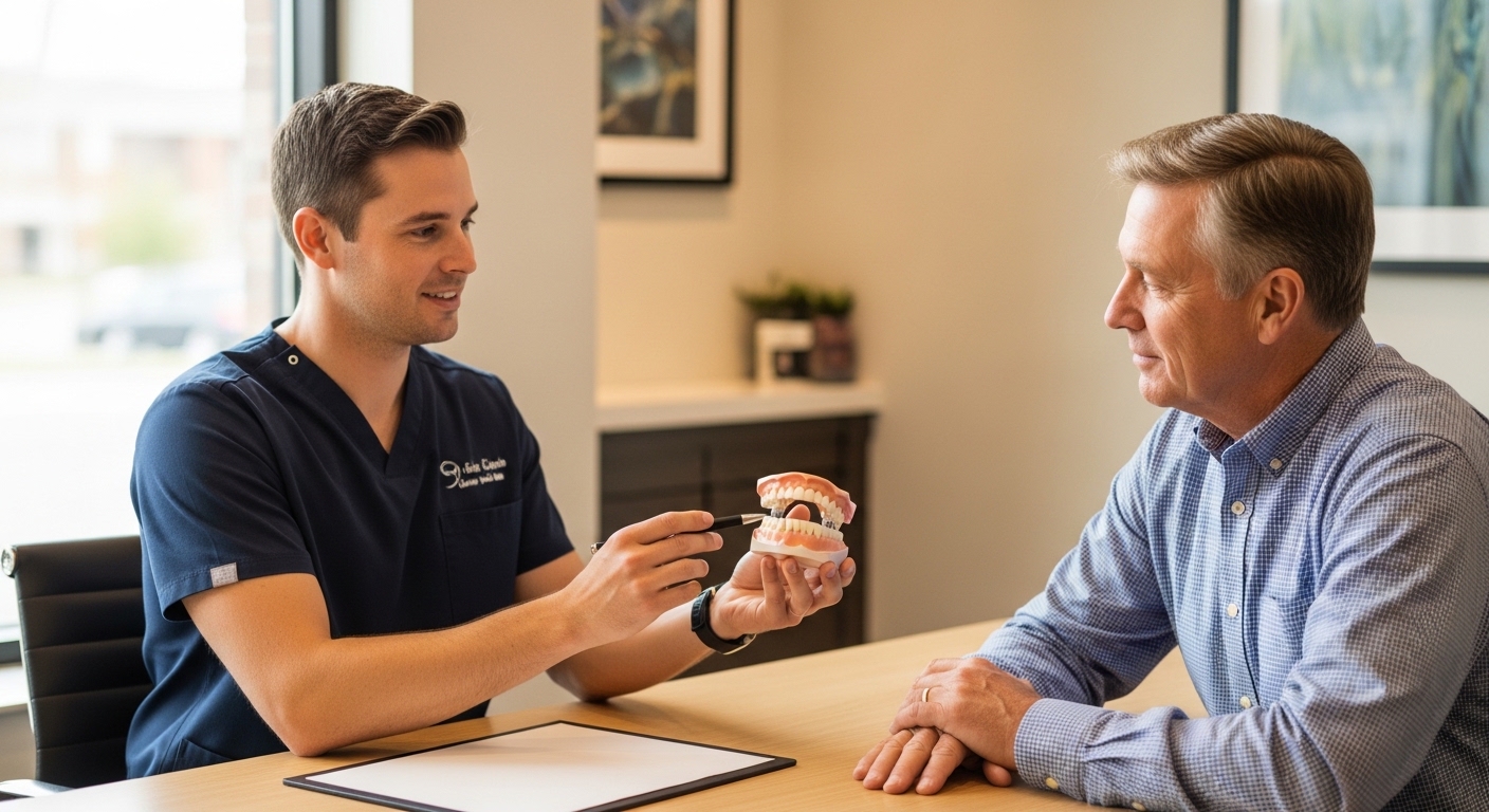Patient consultation for full arch dental implants in a modern dental office