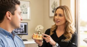 Dentist and patient discussing dental implants in modern office