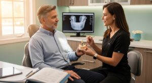 Patient and dentist during a dental implant consultation in modern office.