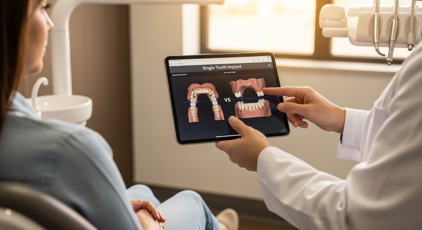 Dentist explaining single tooth implant vs dental bridge options to a patient