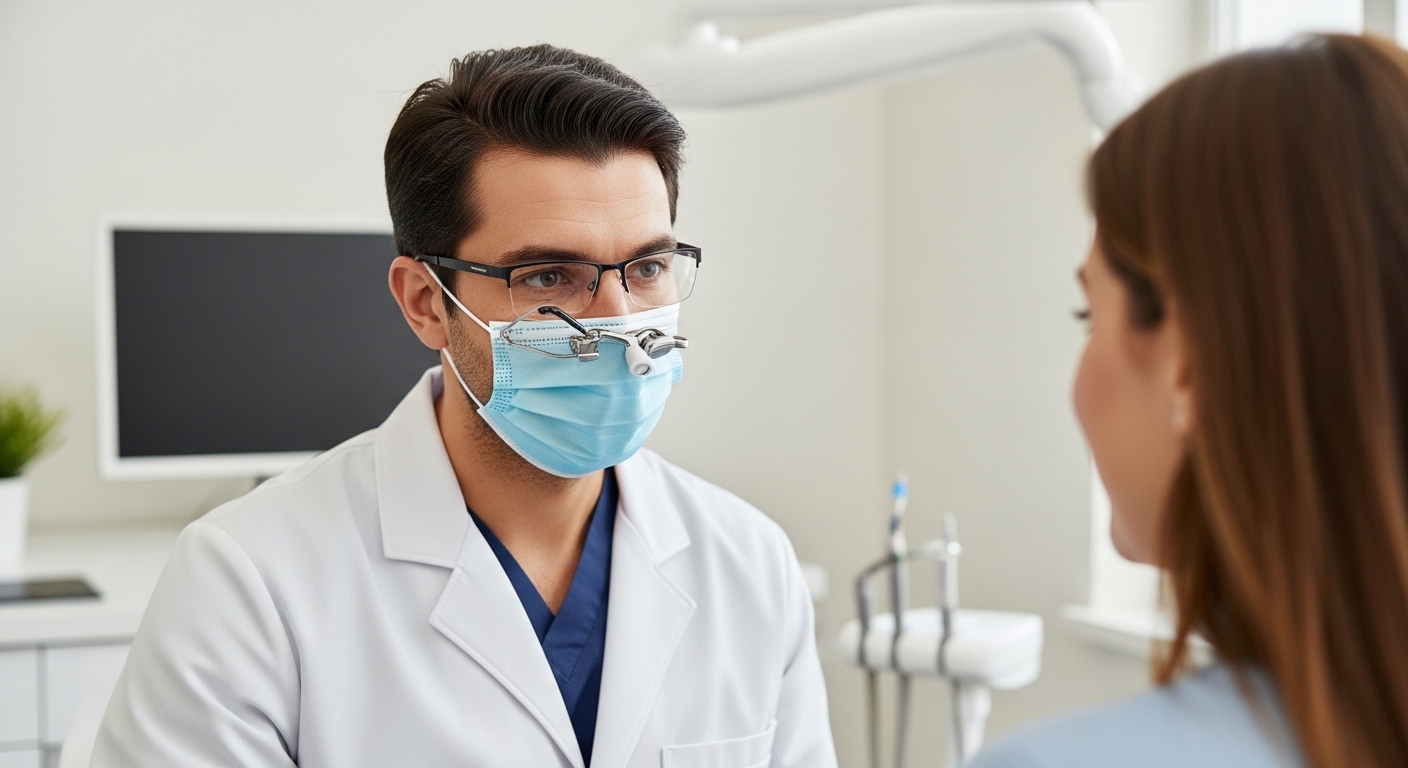 Dentist consulting with patient about dental implant care in a modern office setting