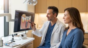 Dentist consulting a patient in a modern dental setting about implant care