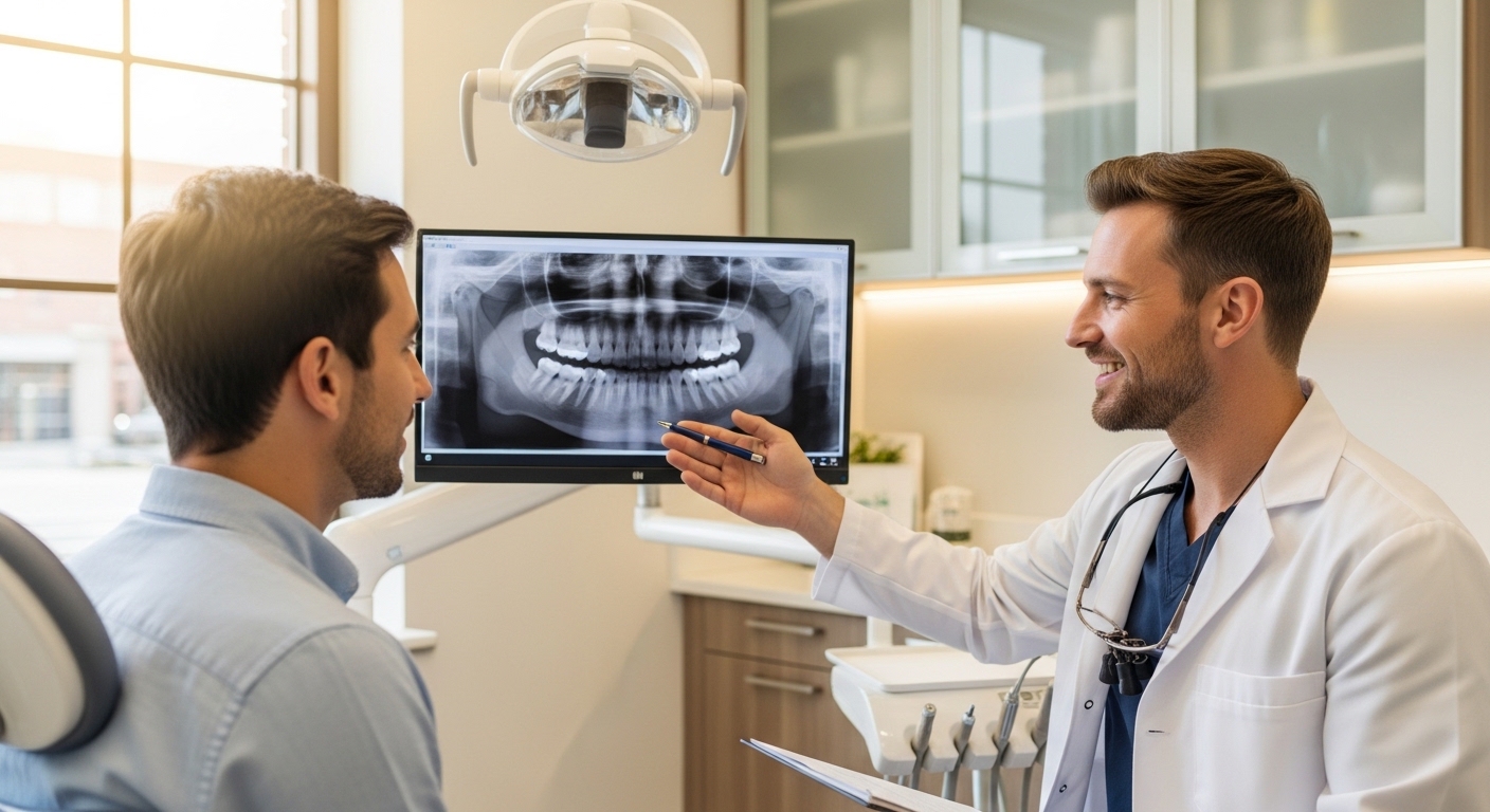 Dentist consulting with a patient about oral health in a modern dental office