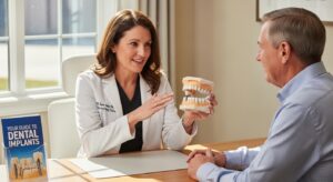 Dentist consulting with patient about dental implants in a modern office.