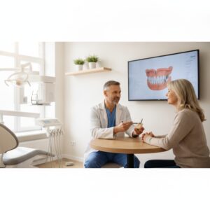 Dentist consultation about dental implants with modern equipment