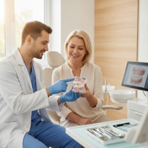 Dentist explaining full arch dental implants to a patient in Ocala office