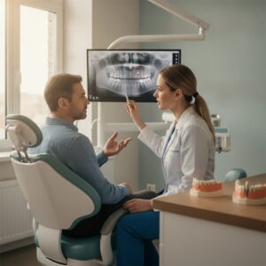 Dentist consulting a patient about dental implants in a modern clinic