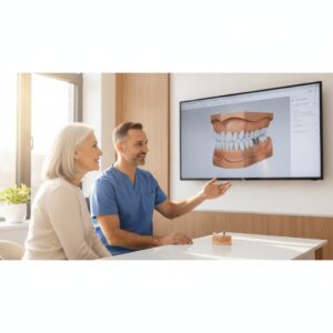 Dental consultation showing full arch implant options on a digital screen.