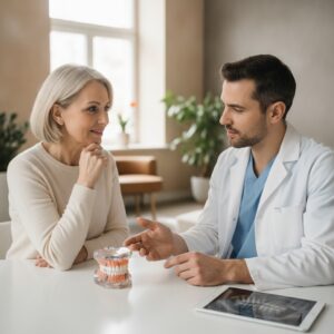 Patient consultation about full arch dental implants in a modern dental office