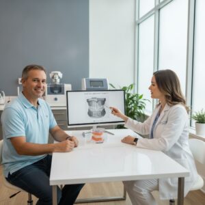 Patient at a dental consultation discussing same day implants in a modern office