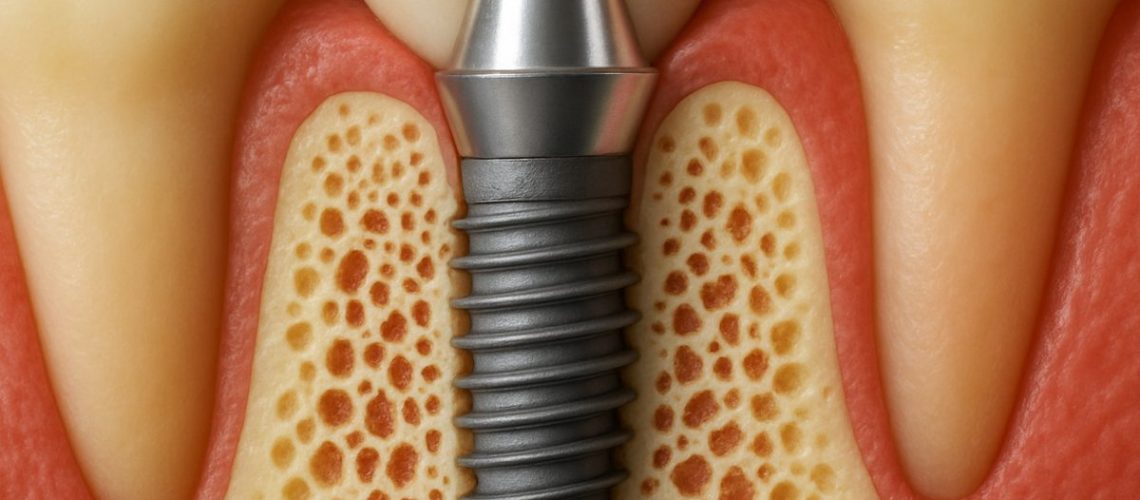 Close-up animated image of a dental implant integrating into the jaw bone with surrounding tissue. No text on the image.