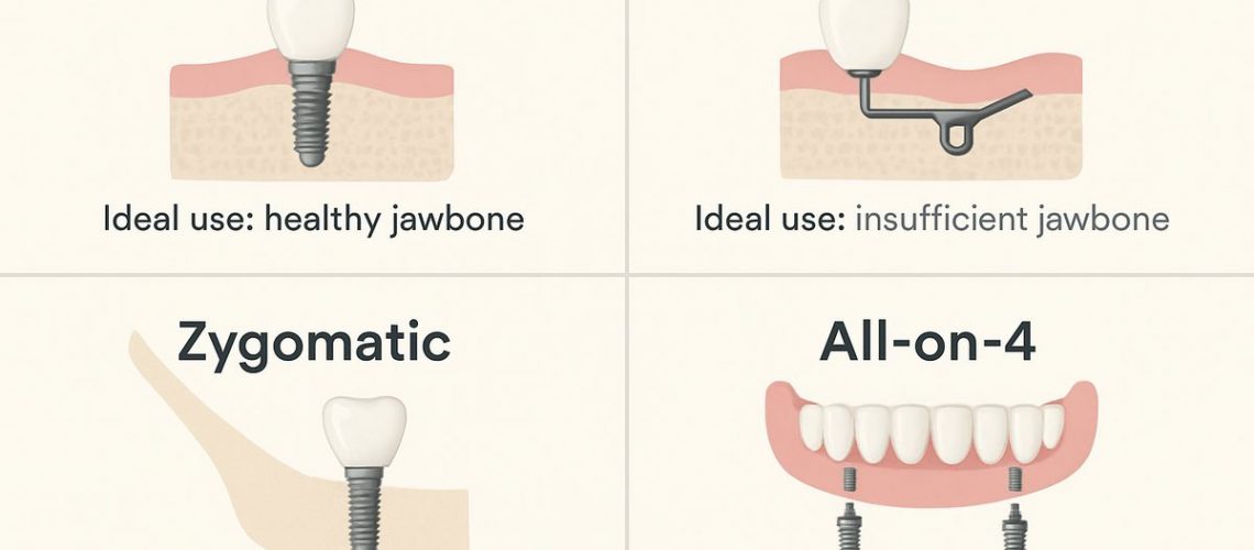 A comparison chart illustrating different dental implant types: endosteal, subperiosteal, zygomatic, and All-on-4, each with a brief description and ideal use case. No text on image.
