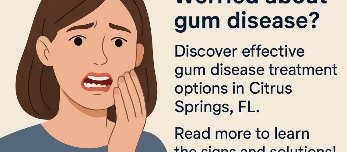 A dentist in Citrus Springs, FL, is examining a patient's gums, using a probe to measure the pocket depths, with X-rays displayed in the background. No text on the image.