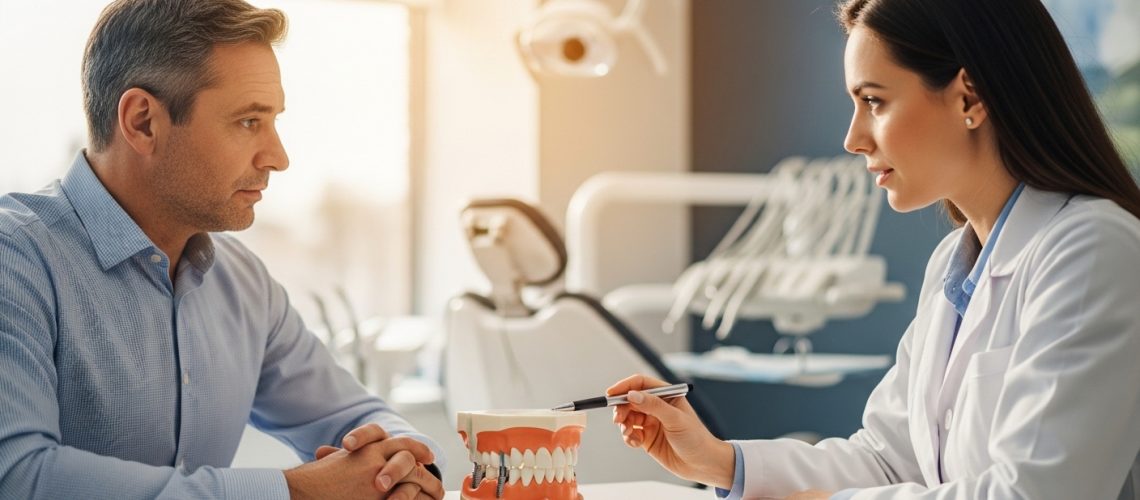 Patient consulting with a dentist about All-on-4 dental implants