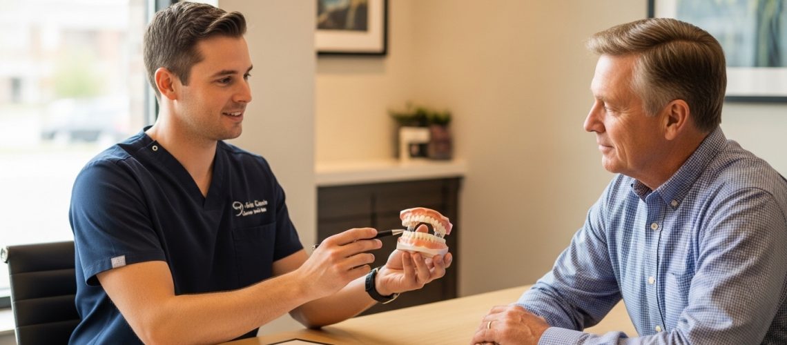 Patient consultation for full arch dental implants in a modern dental office